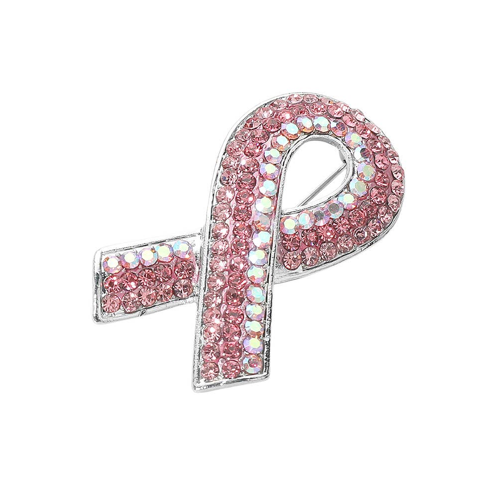 Rhinestone Embellished Pink Ribbon Pin Brooch
