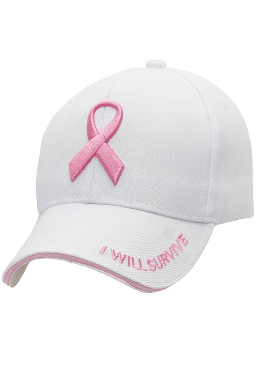 Baseball Cap - Breast Cancer Awareness Ribbon - WHITE