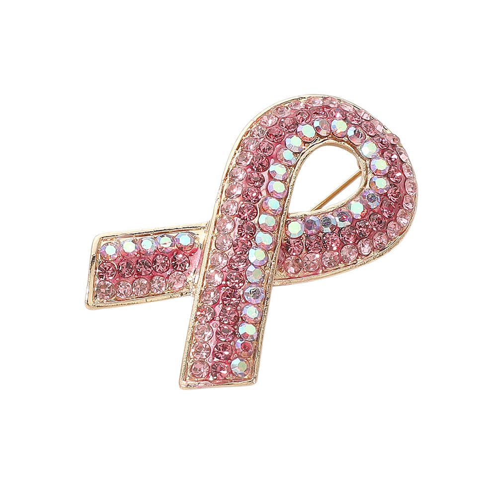 Rhinestone Embellished Pink Ribbon Pin Brooch