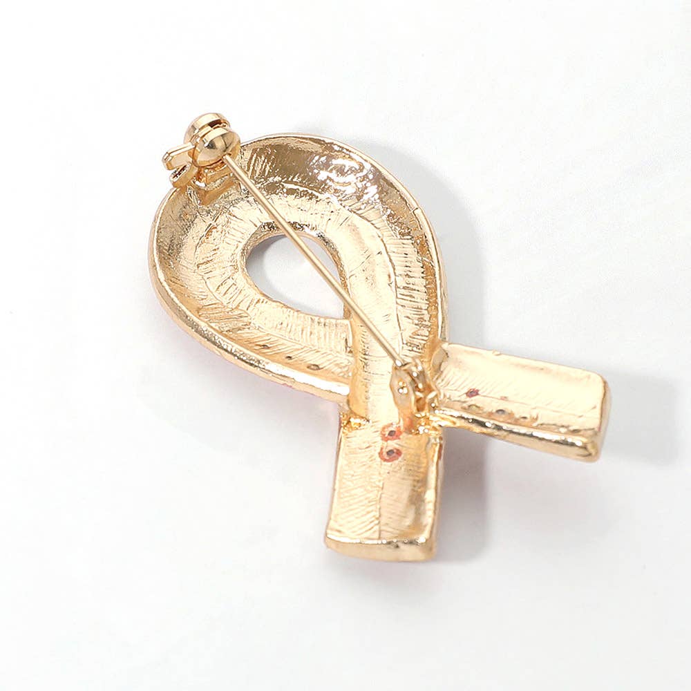 Rhinestone Embellished Pink Ribbon Pin Brooch